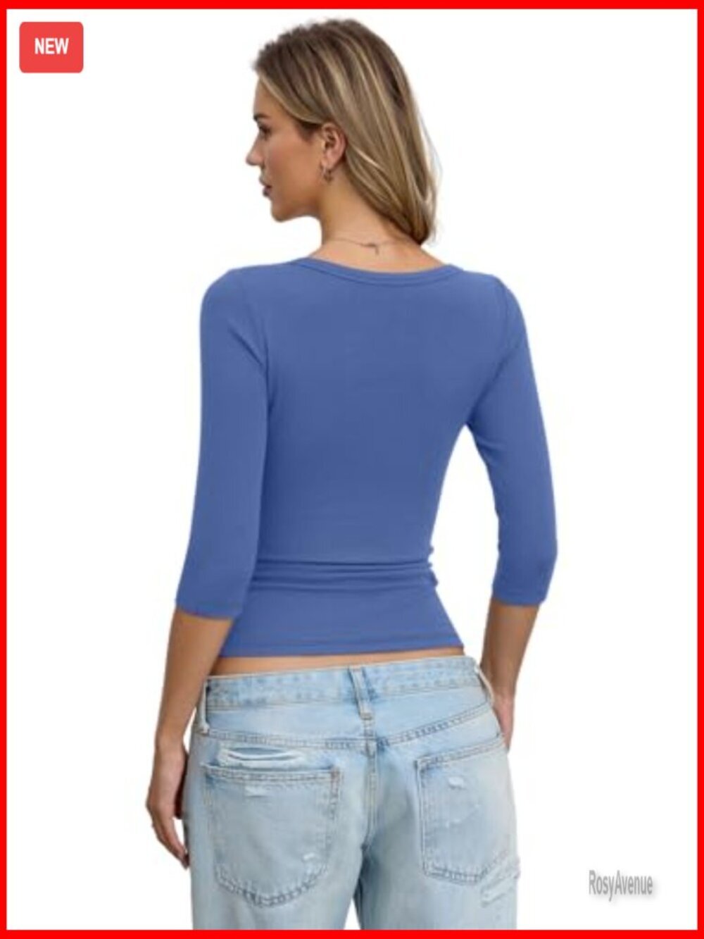 Cotton Ribbed 3/4 Sleeve Scoop Neck Slim Fit T-Shirt Y2K Style - Picture 6 of 7